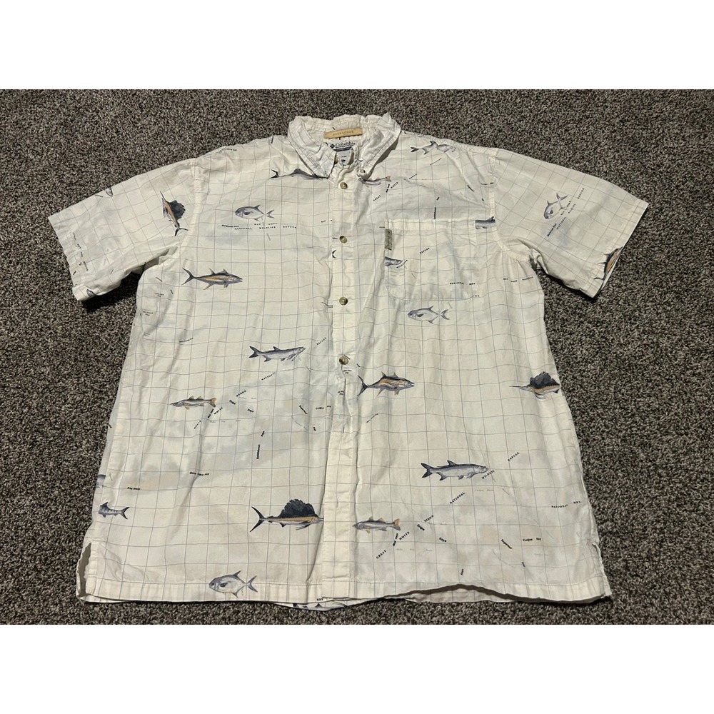 E7 Columbia River Lodge XL White Fish Map Print Short Sleeve Button Down Shirt